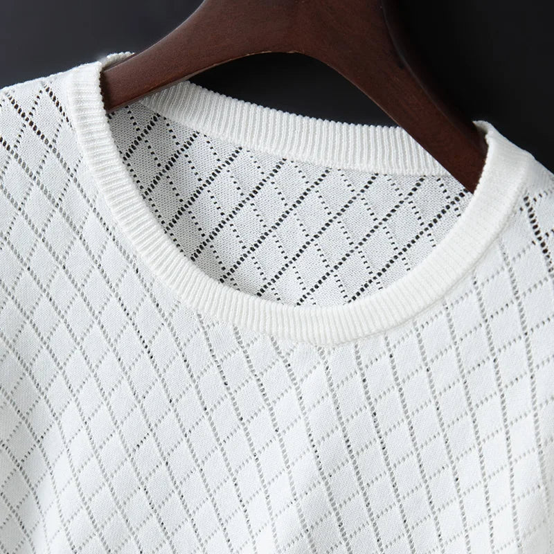 Men's white knitted cotton t-shirt with fine knit texture