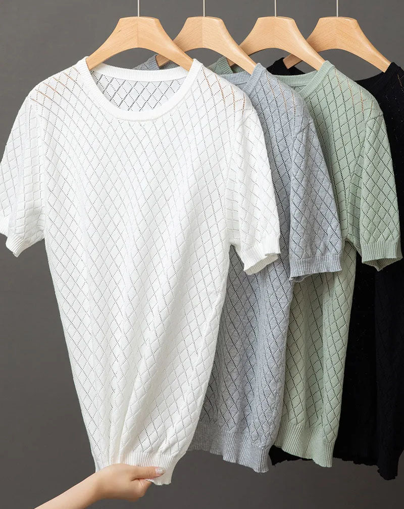 Men's white knitted cotton t-shirt with fine knit texture
