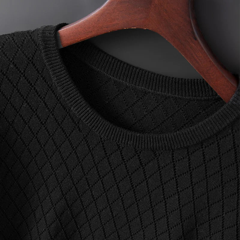 Men's white knitted cotton t-shirt with fine knit texture