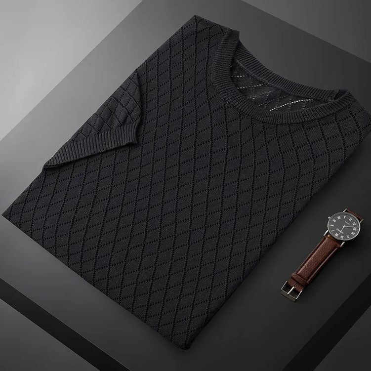 Men's black knitted cotton t-shirt with fine knit texture