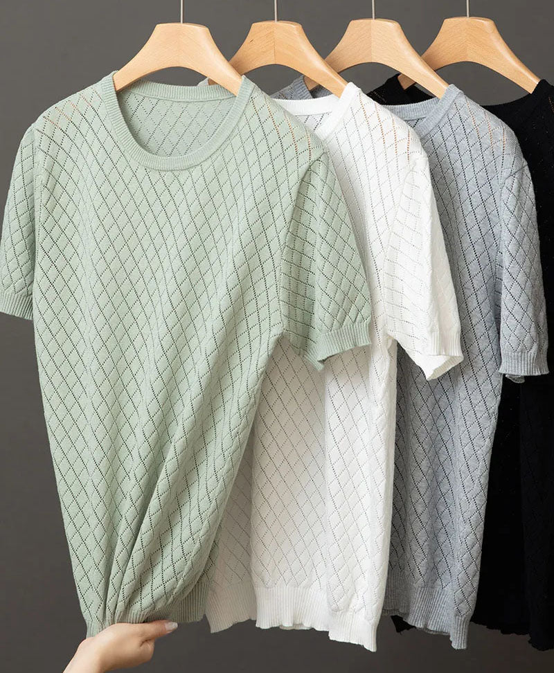 Men's black knitted cotton t-shirt with fine knit texture