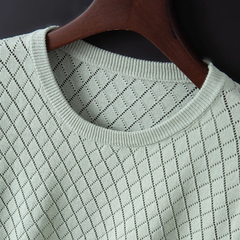 Men's black knitted cotton t-shirt with fine knit texture