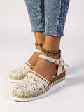 Women's beige espadrille wedge sandals with adjustable ankle strap