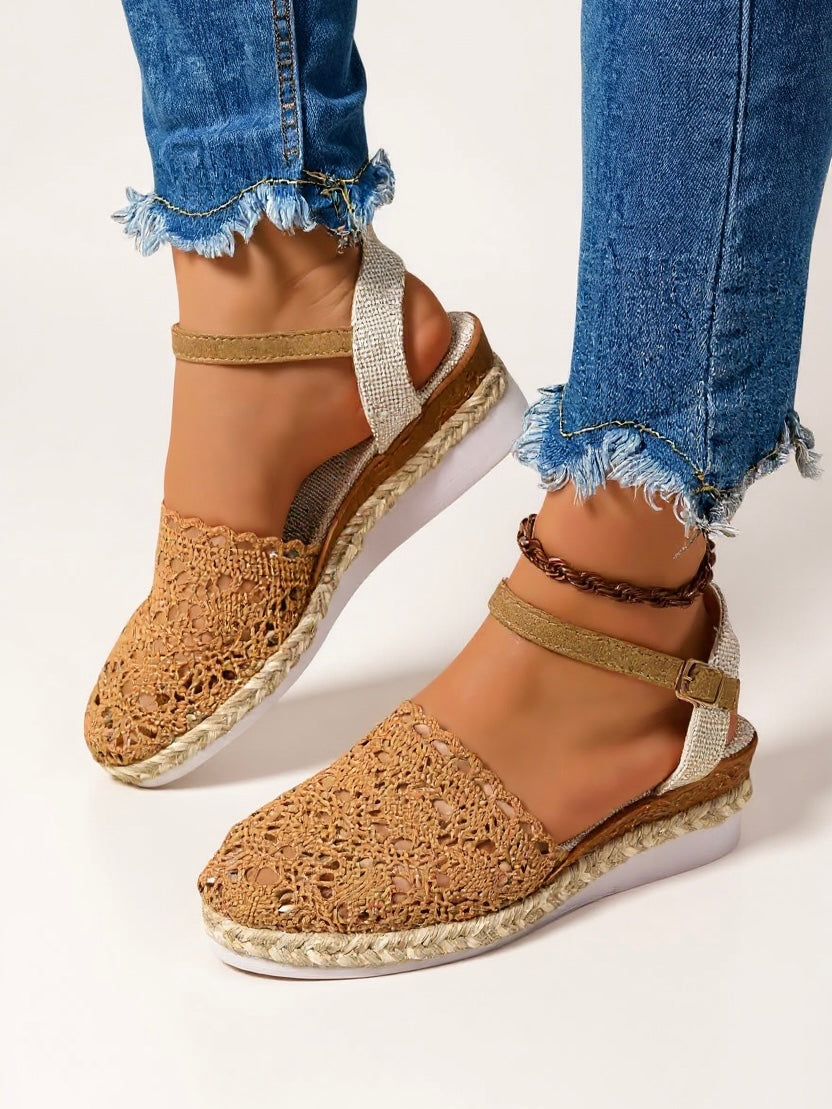 Women's brown espadrille wedge sandals with adjustable ankle strap
