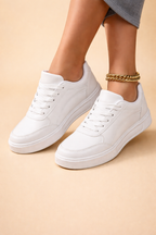 Women's white casual platform sneakers with lace-up front