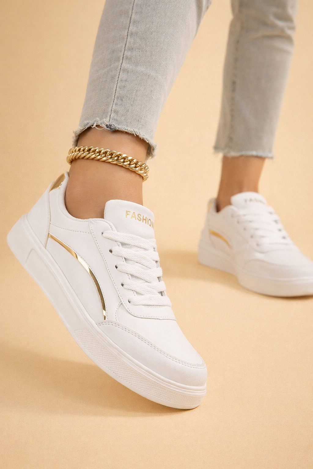 Women's white casual platform sneakers with lace-up front