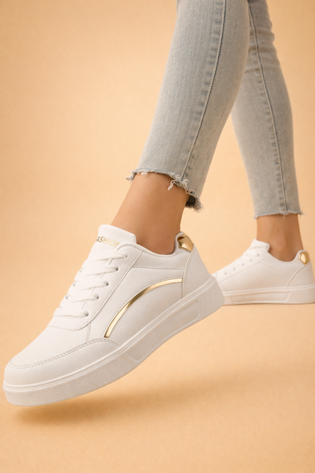 Women's white casual platform sneakers with lace-up front