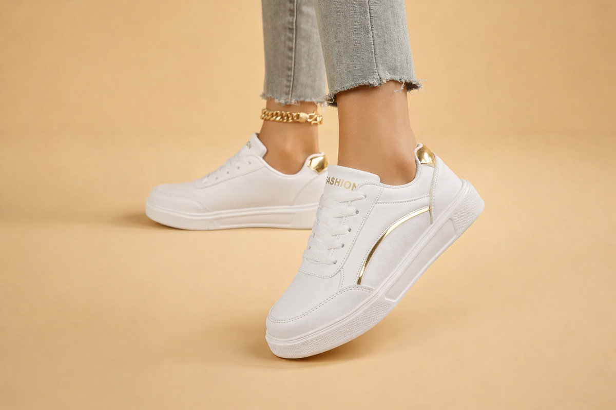 Women's white casual platform sneakers with lace-up front
