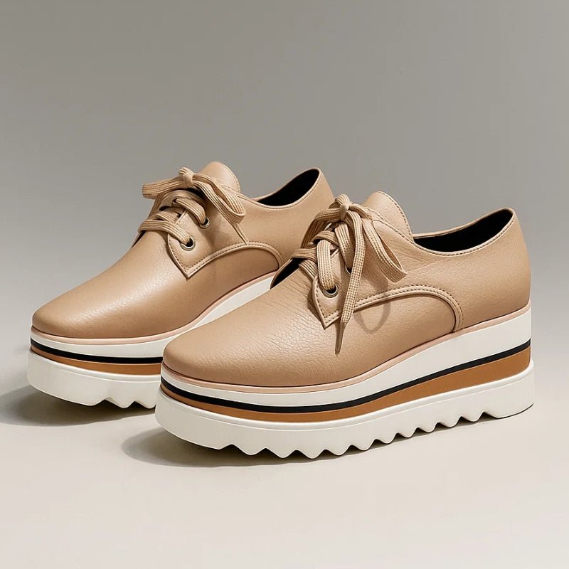 Women's beige lace-up platform oxford shoes on striped wedge sole