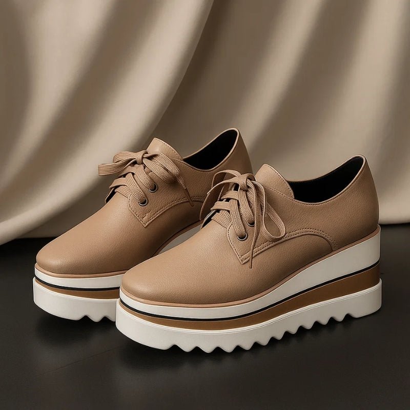 Women's beige lace-up platform oxford shoes on striped wedge sole