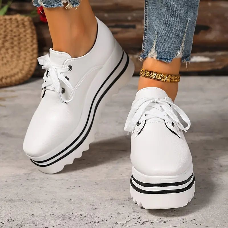 Women's beige lace-up platform oxford shoes on striped wedge sole