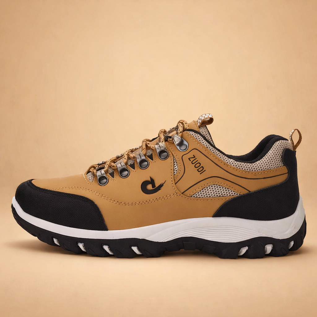Men's brown trail hiking shoes with grip outsole and mesh upper