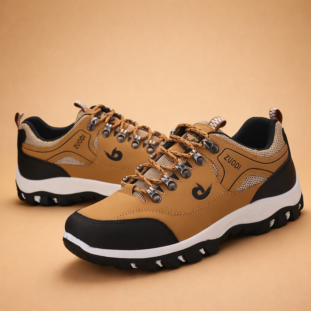 Men's brown trail hiking shoes with grip outsole and mesh upper