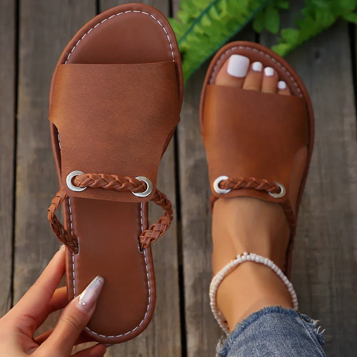 Women's ivory boho braided strap flat sandals with adjustable buckle
