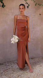 Women's bronze satin evening slip dress with draped bodice