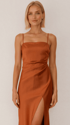 Women's bronze satin evening slip dress with draped bodice