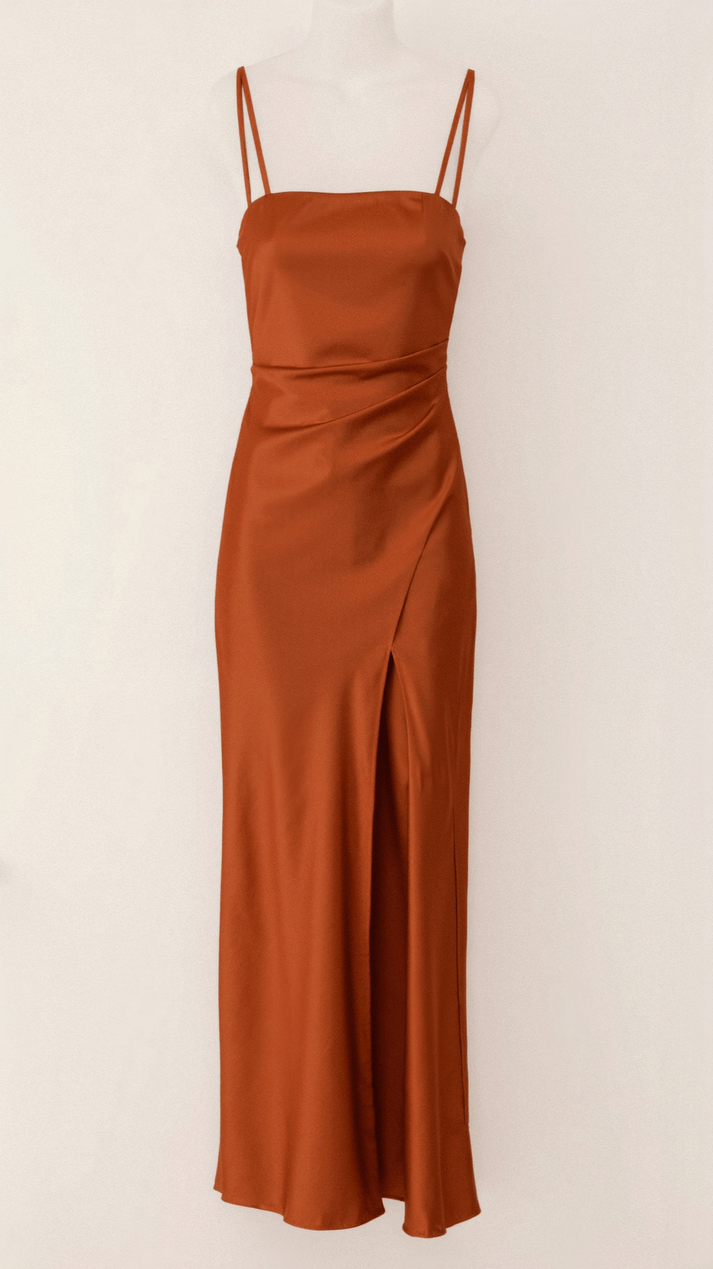 Women's bronze satin evening slip dress with draped bodice