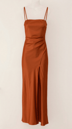 Women's bronze satin evening slip dress with draped bodice