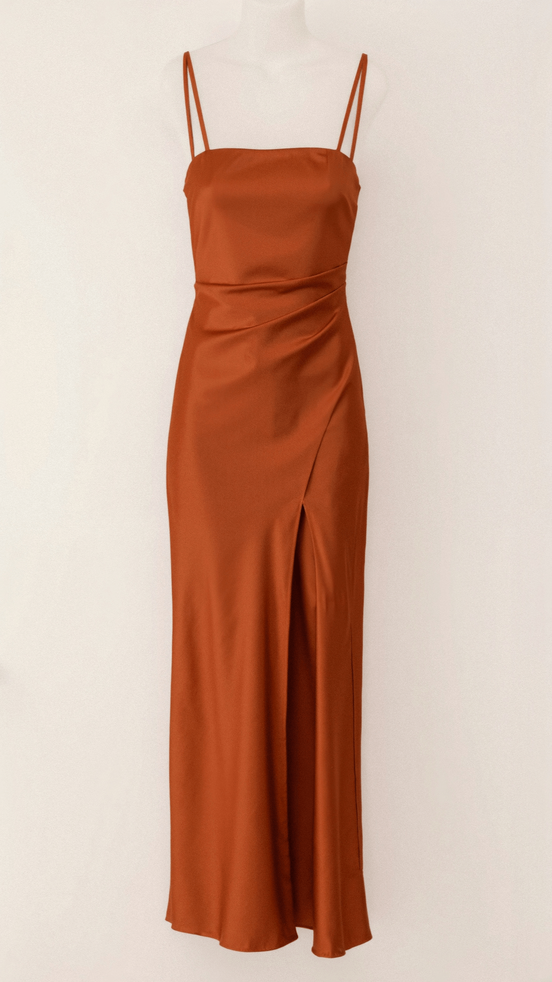 Women's bronze satin evening slip dress with draped bodice