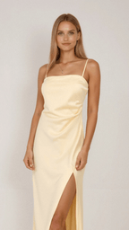 Women's rose satin evening slip dress with draped bodice