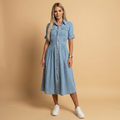 Women's light blue denim dress with tailored cut