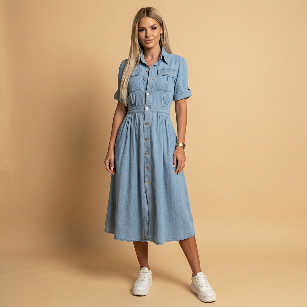 Women's light blue denim dress with tailored cut