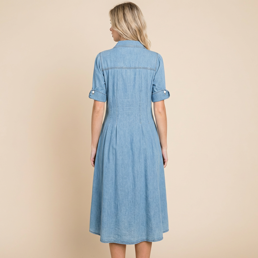 Women's light blue denim dress with tailored cut