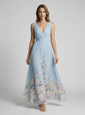 Women's light blue floral maxi dress with v-neckline and flowing skirt