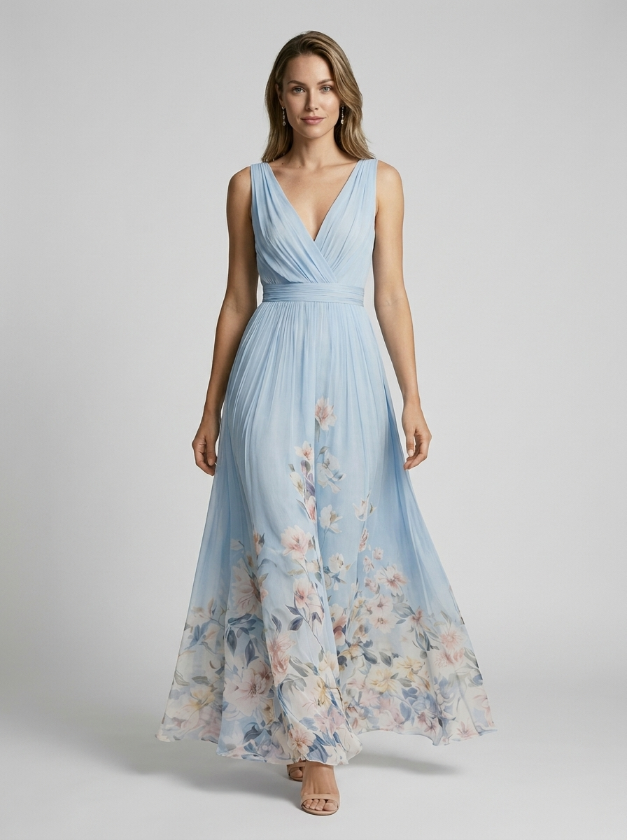 Women's light blue floral maxi dress with v-neckline and flowing skirt