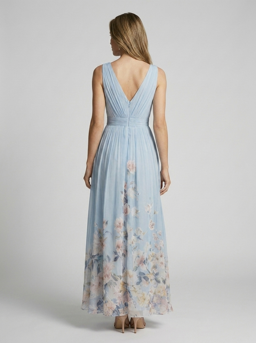 Women's light blue floral maxi dress with v-neckline and flowing skirt