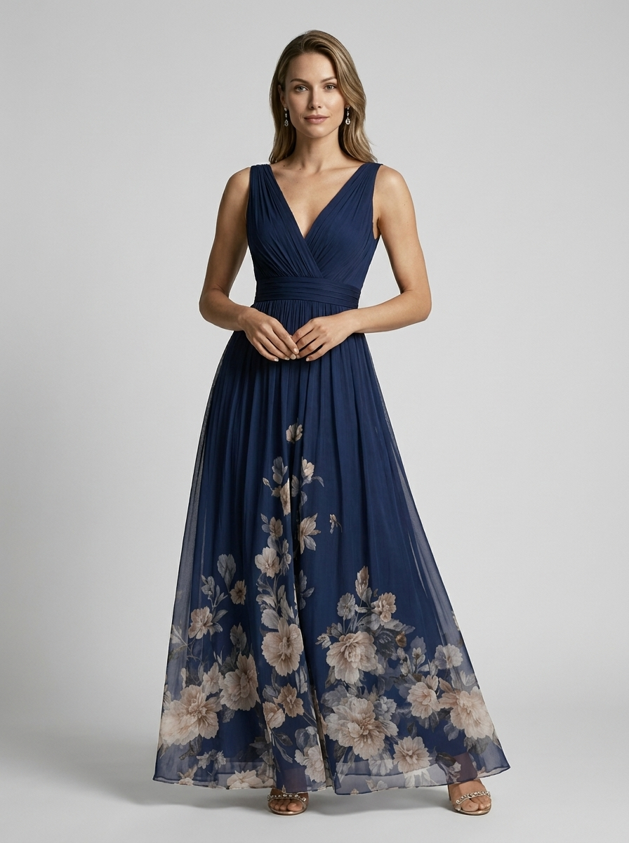 Women's light blue floral maxi dress with v-neckline and flowing skirt