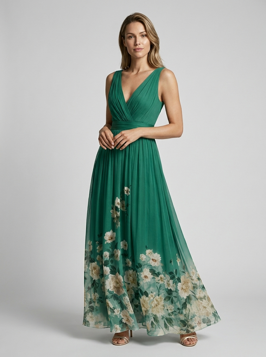 Women's light blue floral maxi dress with v-neckline and flowing skirt