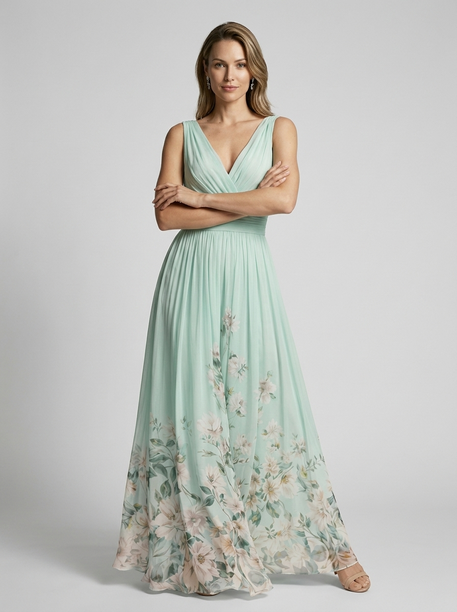 Women's navy blue floral maxi dress with v-neckline and flowing skirt