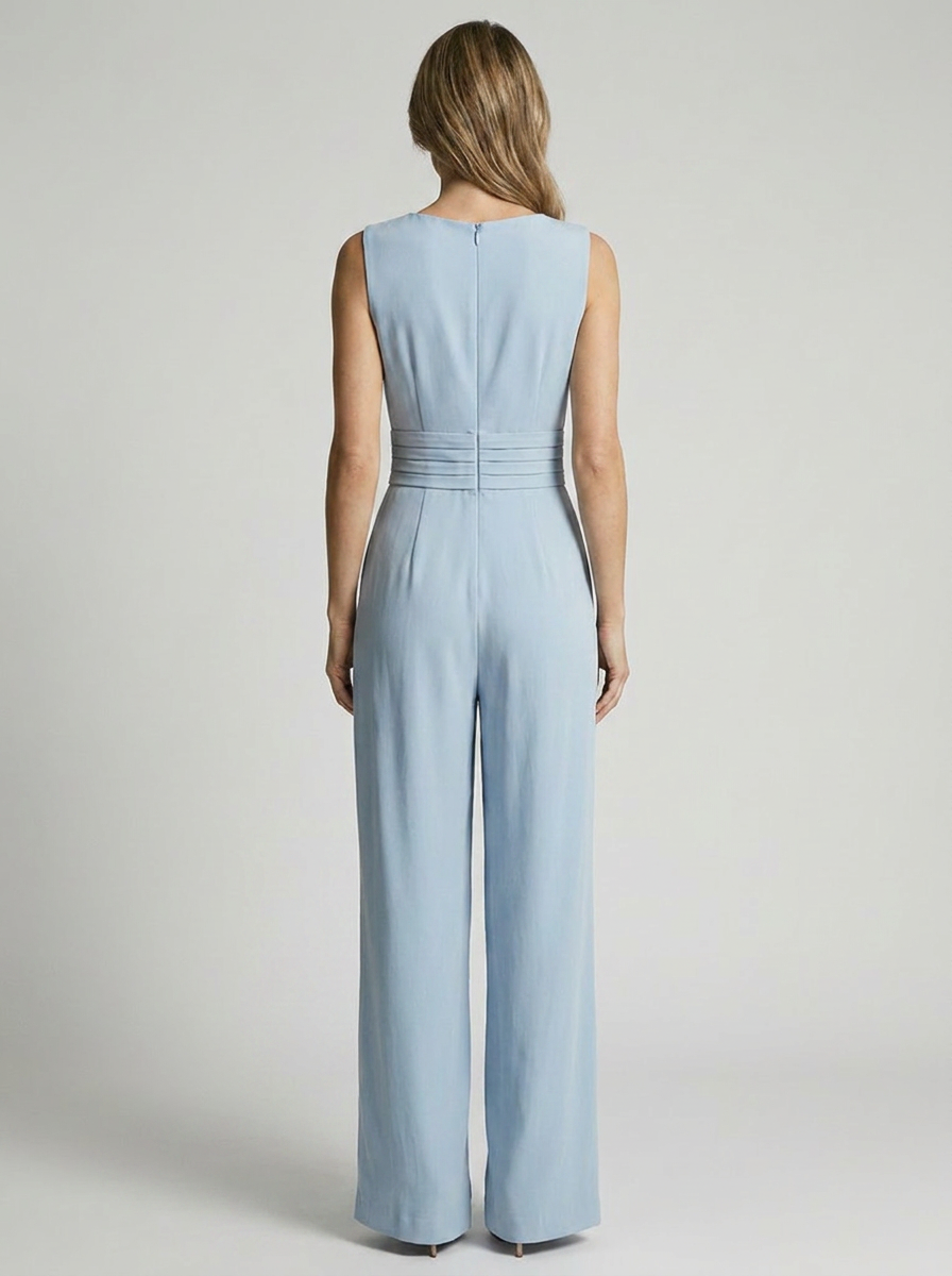 Women's light blue sleeveless wide leg jumpsuit with v-neck