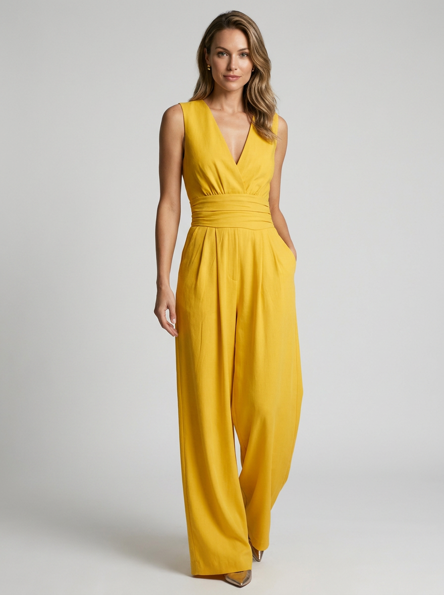 Women's light blue sleeveless wide leg jumpsuit with v-neck