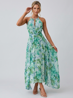 Women's pleated floral midi dress with halterneck and pleated skirt