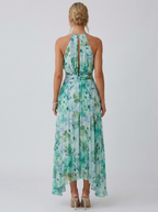 Women's pleated floral midi dress with halterneck and pleated skirt