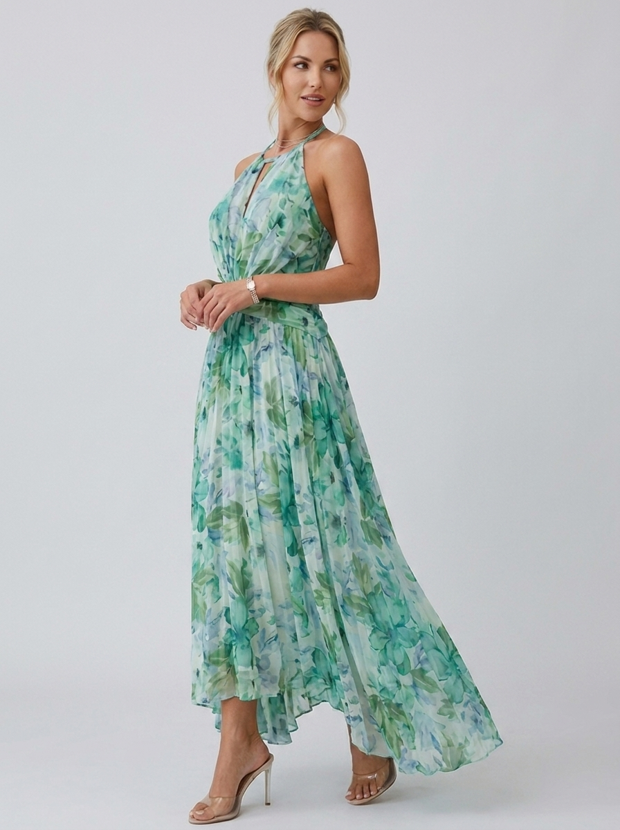 Women's pleated floral midi dress with halterneck and pleated skirt