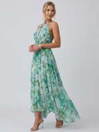 Women's pleated floral midi dress with halterneck and pleated skirt