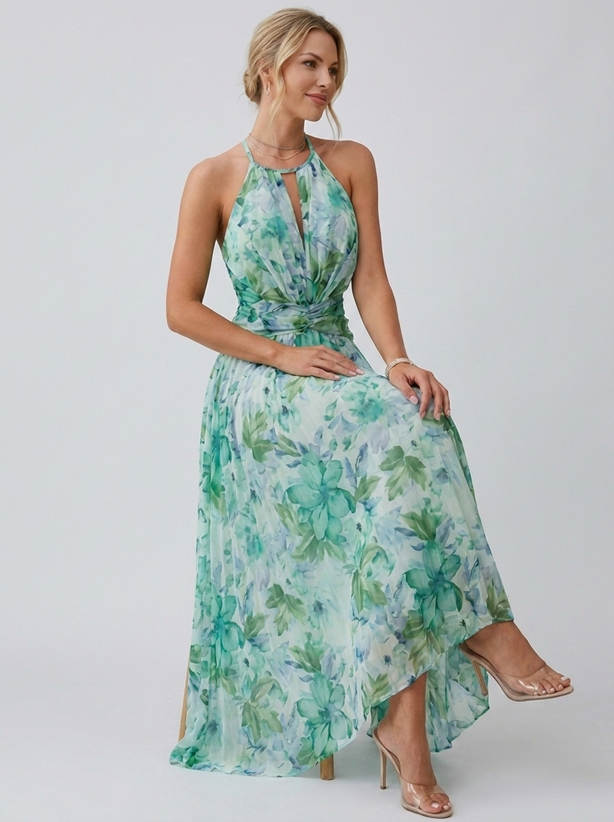 Women's pleated floral midi dress with halterneck and pleated skirt