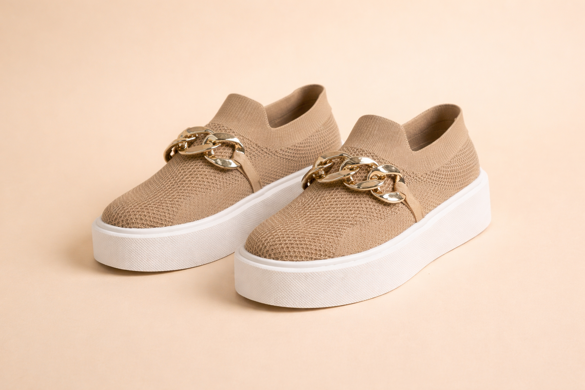 Women's brown knit platform slip-on sneakers with chunky sole