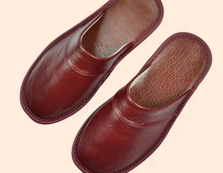 Men's burgundy faux leather slippers for indoor and outdoor wear