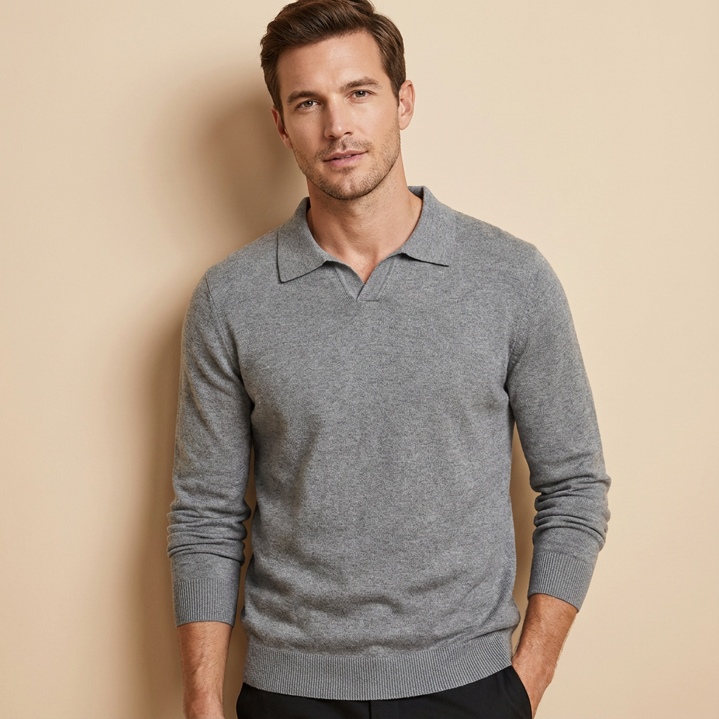 Men's grey knitted polo sweater with long sleeves and soft knit