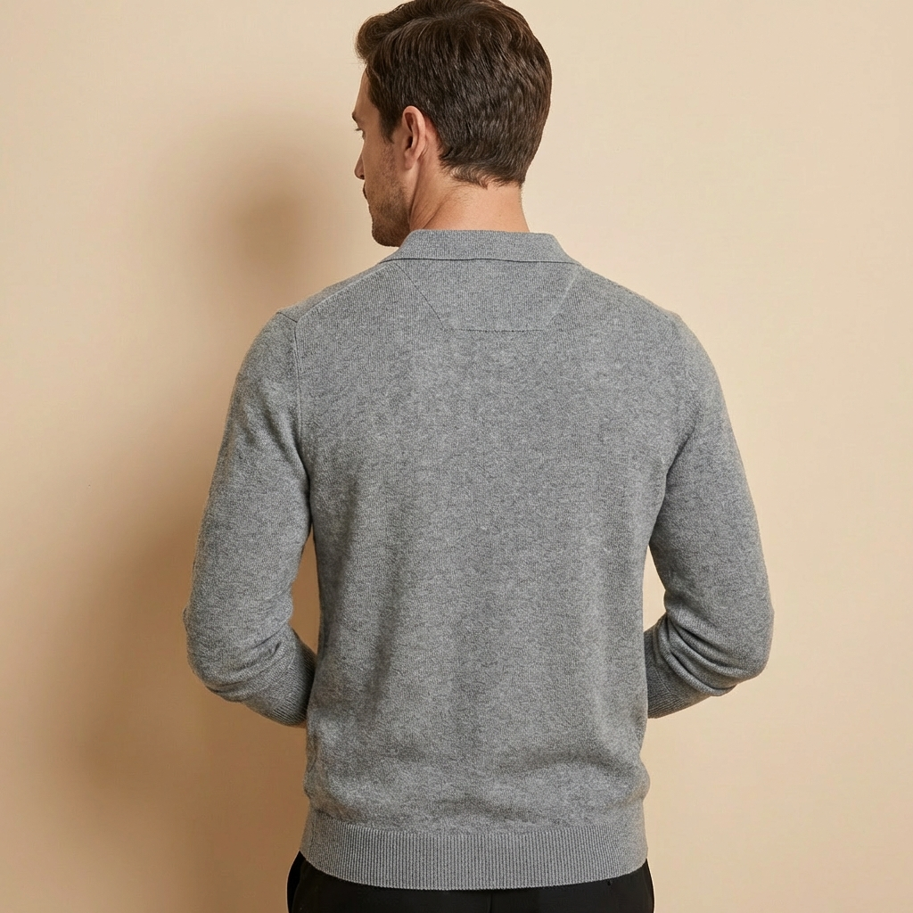Men's grey knitted polo sweater with long sleeves and soft knit