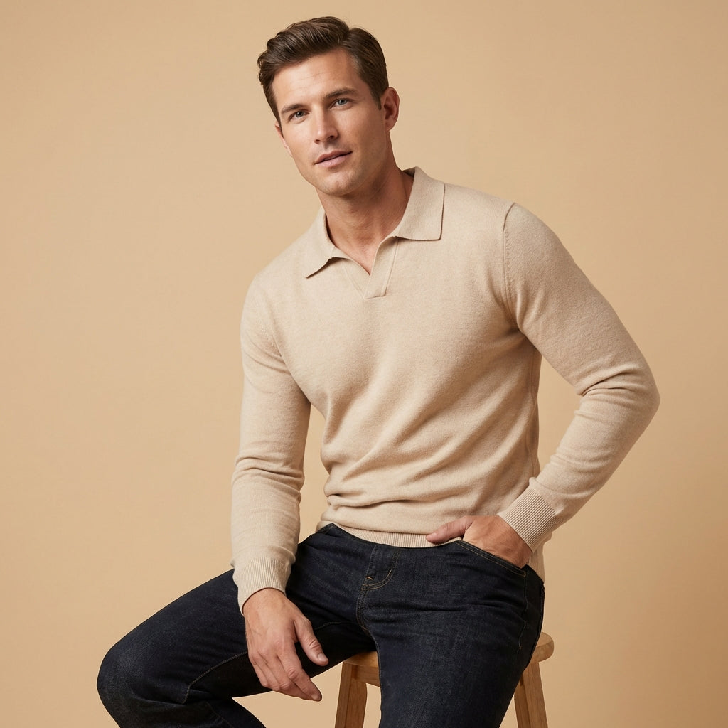 Men's grey knitted polo sweater with long sleeves and soft knit