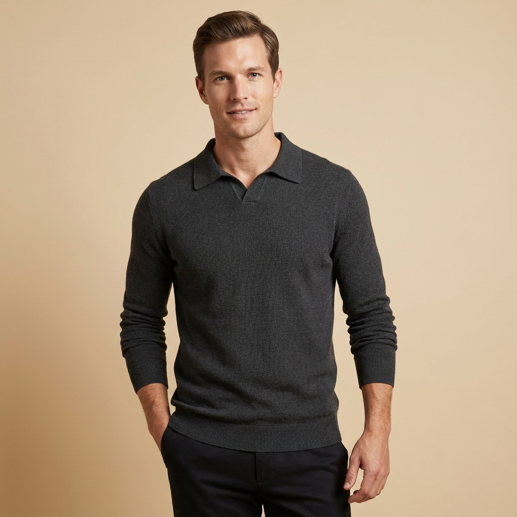 Men's khaki knitted polo sweater with long sleeves and soft knit