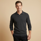 Men's khaki knitted polo sweater with long sleeves and soft knit