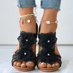 Women's pink floral wedge sandals with mid heel and open toe