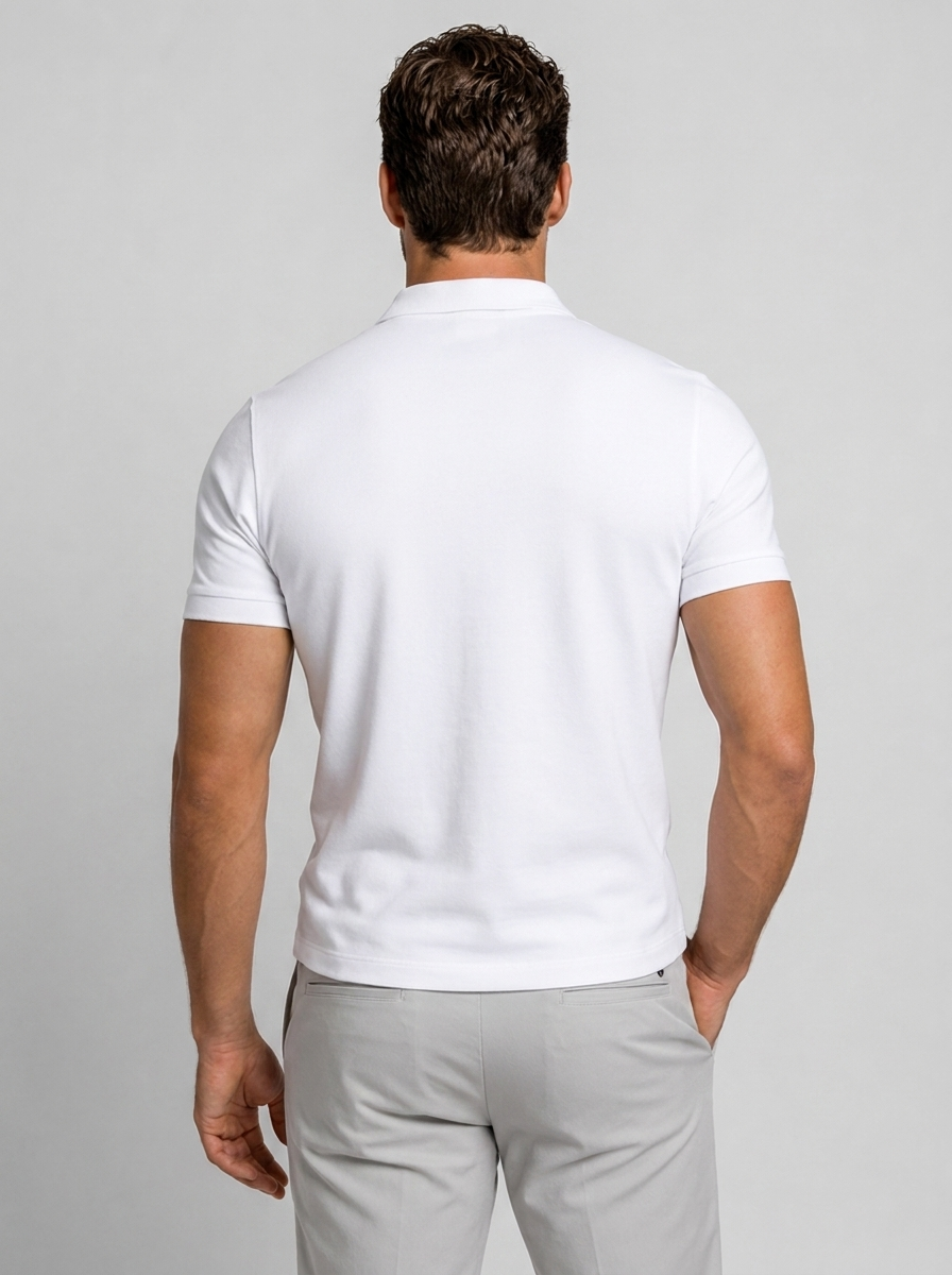 Men's white slim fit zip polo shirt with stand-up collar