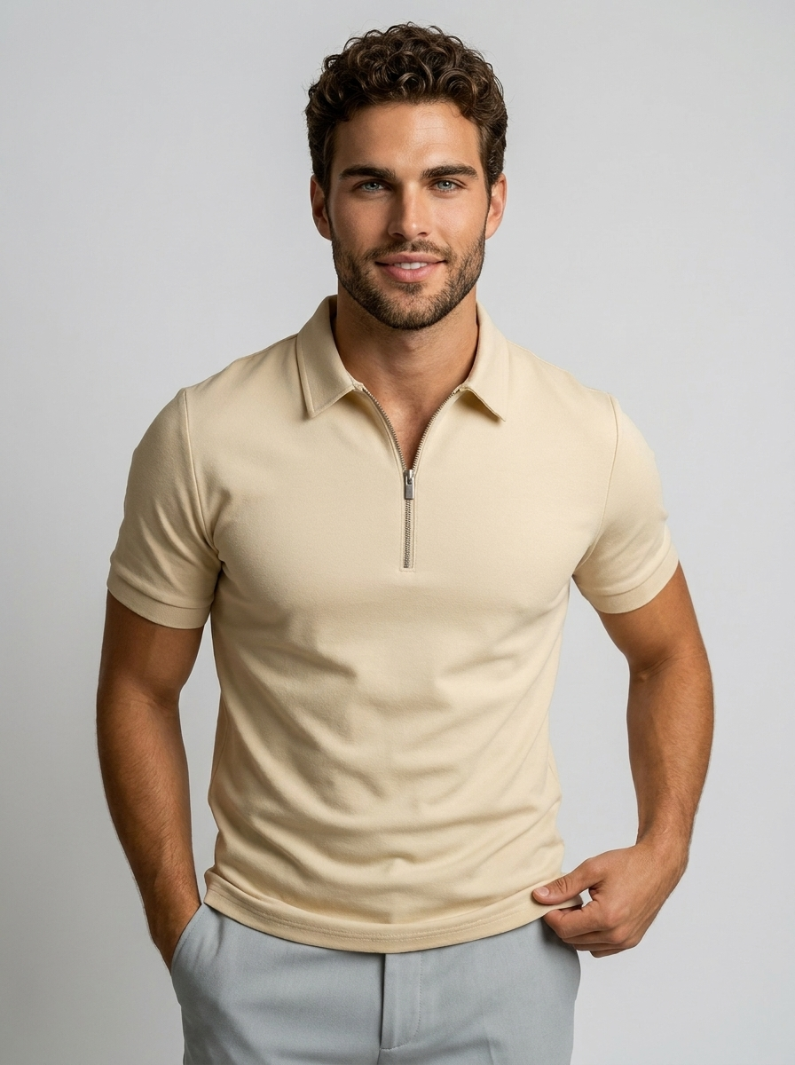 Men's white slim fit zip polo shirt with stand-up collar